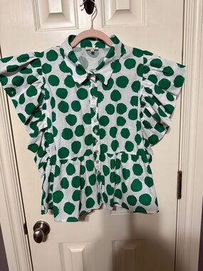 JODIFL White Blouse with Green Polka Dots